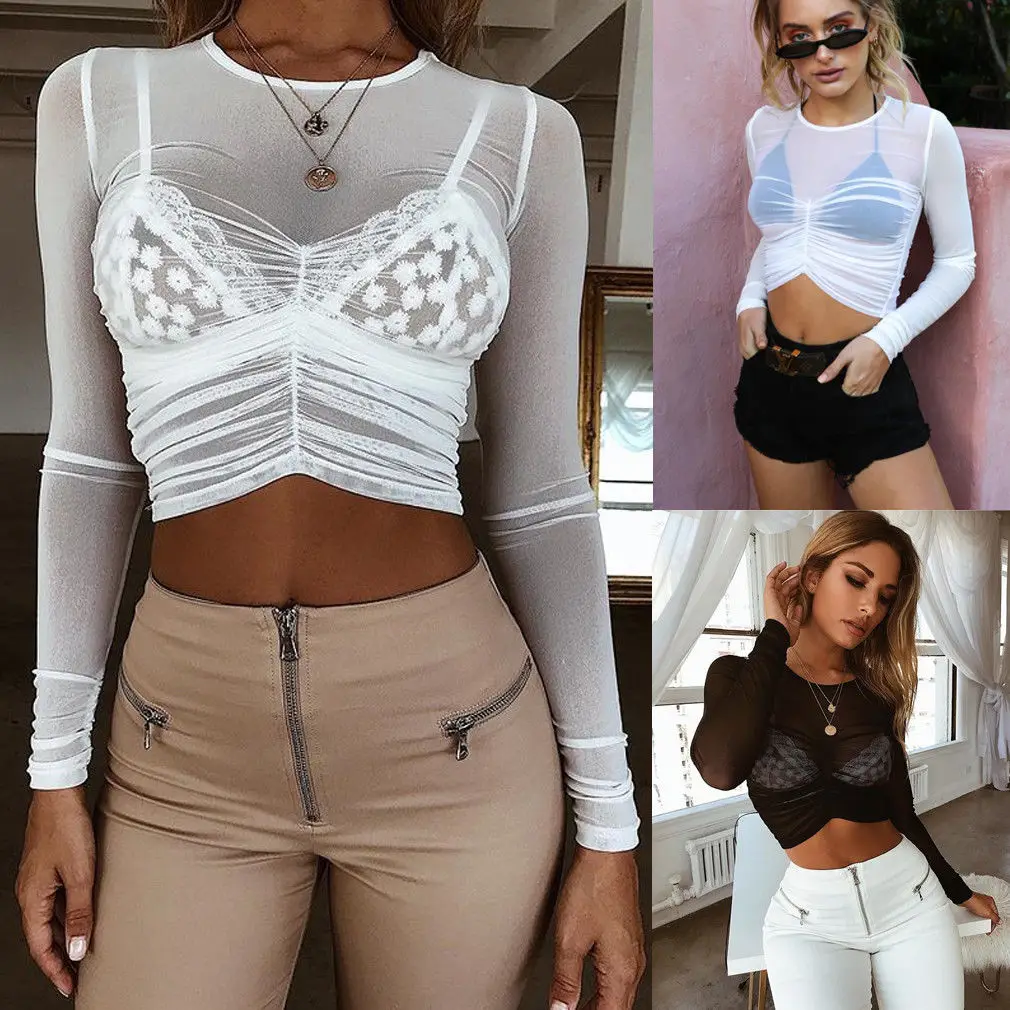 

NEW Women Mesh Sheer See-through Long Sleeve Crop Top Shirt Blouse Fold Fashion