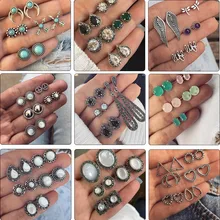 Серьги-гвоздики в стиле бохо, 13 видов, модный набор, опал, зеленый камень, серьги с кристаллами для женщин, винтажный Букле д 'Орель, ювелирные изделия, серьги