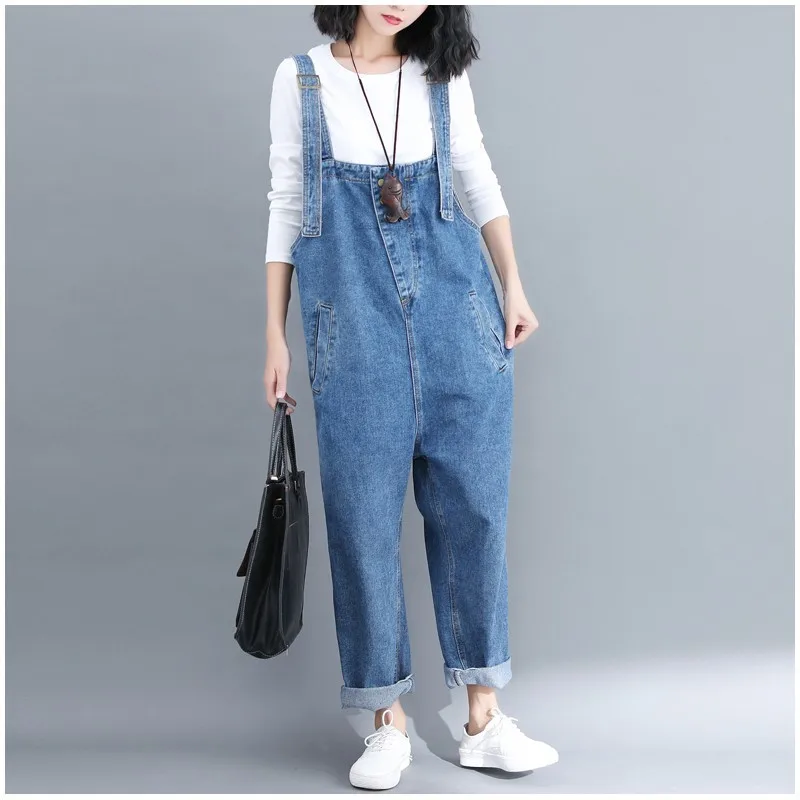 1156 демисезонный корейская мода отрегулировать Спагетти ремень широкие джинсы комбинезон для женщин; большие размеры Свободные
