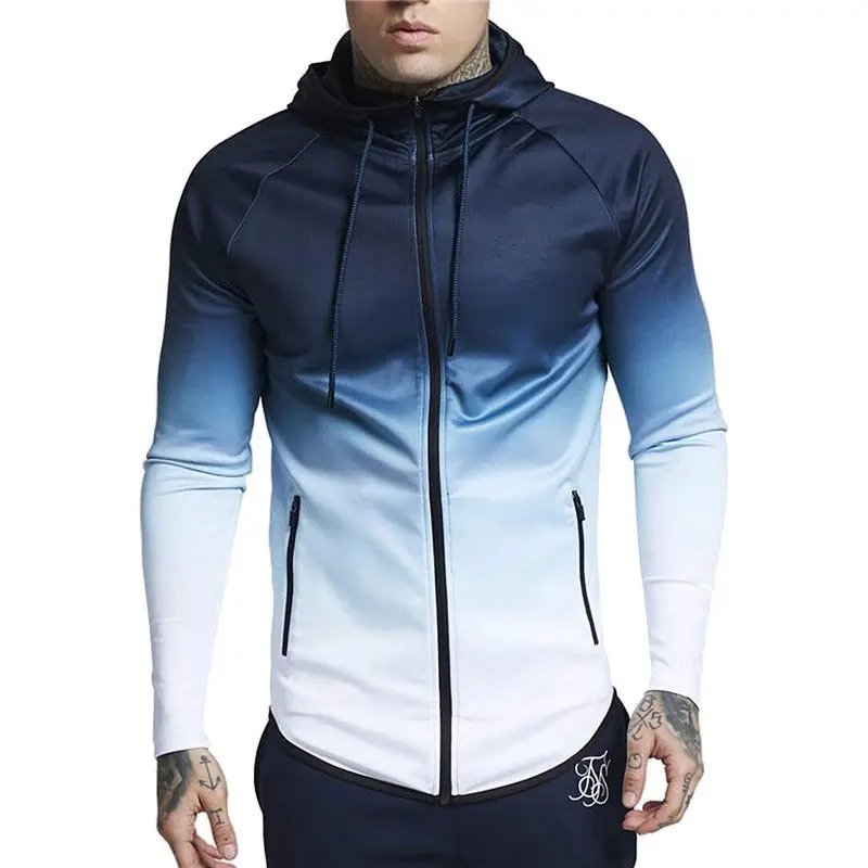 

New Men Gradient Color Printed Skin Jackets Men's Coats Thin Spring Autumn Hooded Fleece Sweatshirts Jumper Jacket Coat