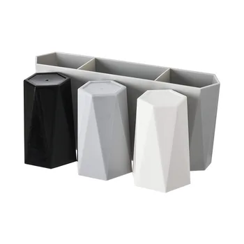 

opening promotion-Suction Wall Mount Toothbrush Holder 3 Wash Gargle Cups Geometric Style Bathroom Set Toothbrush Rack Organiz