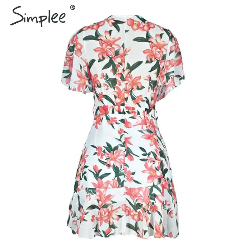 Женское летнее короткое платье Simplee, с цветочным принтом, пляжное мини-платье размера плюс в стиле бохо с поясом и оборками, элегантный белый сарафан