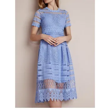

2019 Summer Women Lace Dress Hollow Out Lace Patchwork Dress Vintage Short Sleeve Midi Dress