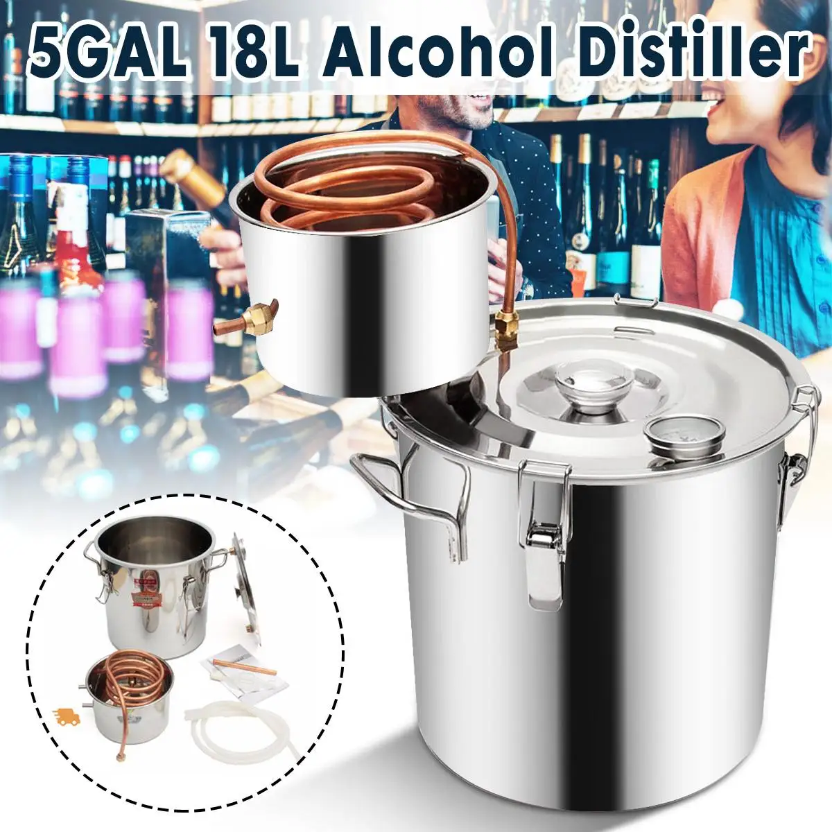 

5GAL/18L DIY Home Distiller Moonshine Alcohol Stainless Copper Water Wine Essential Oil Brewing Kit + 110-230V 35W Heating Belt