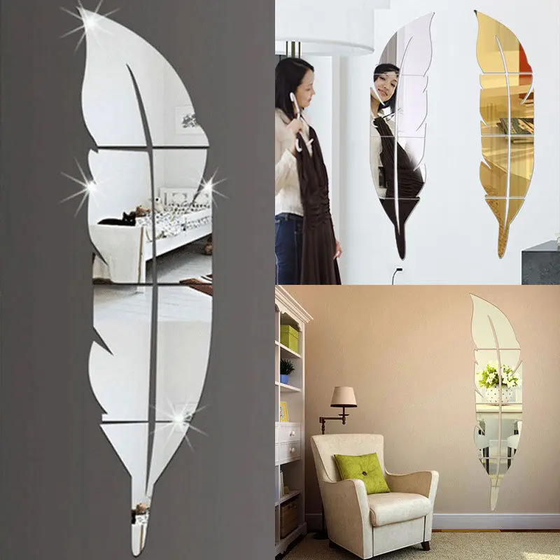 Modern Feather Mirror Removable Decal Art Mural Wall Sticker Room DIY Decor Hot