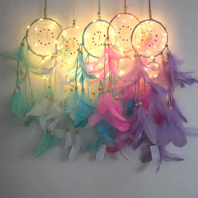 

Dream Catcher LED Lighting Feather Dreamcatcher Girl Room Bell Bedroom Indian Lucky Romantic Hanging Home Decor with Lighters