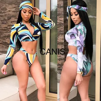 

Sexy Women's Long Sleeve Print Zipped Bikini Set Summer Beach Swimsuit 3pcs US