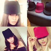 Зимние модные шляпы для женщин Дамская шляпа дьявола милые кошачьи уши шерстяная шляпа-котелок шляпы-котелки Горячая