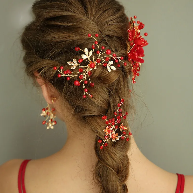 

Red Flower Headpiece Women Hair Ornaments Pearl Hairpins Luxury Bridal Hair Comb Wedding Hair Accessories