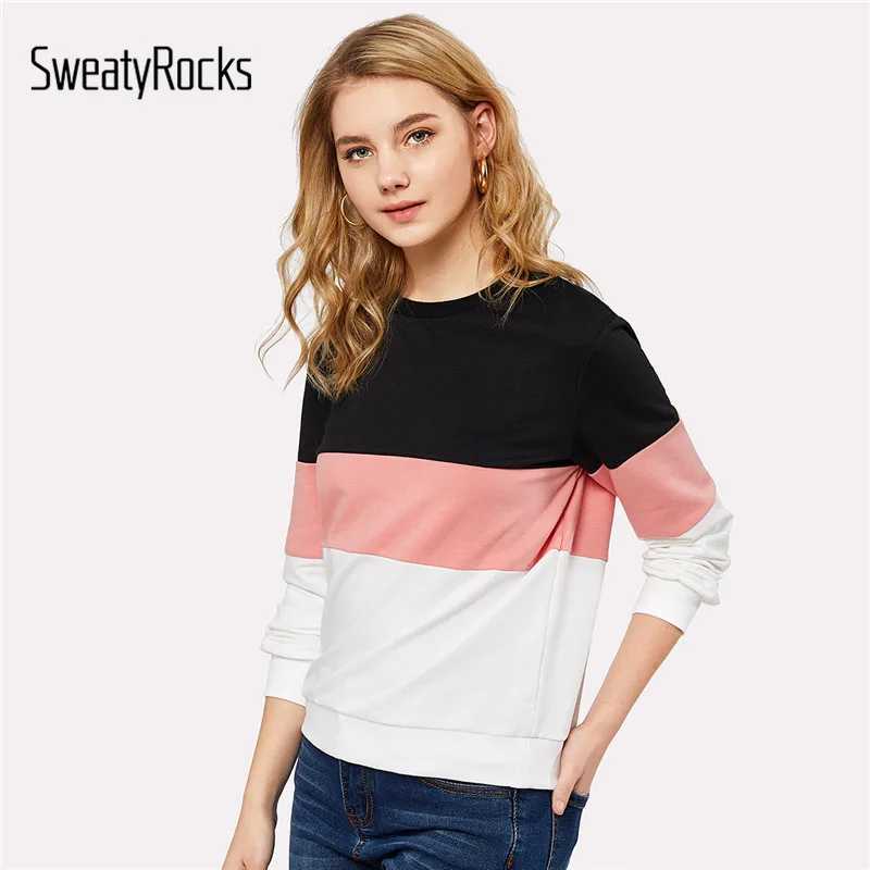  SweatyRocks Active Chic Sweatshirts Cut Sew Patchwork Pullovers Women Tops Color Block Crew Neck Fa