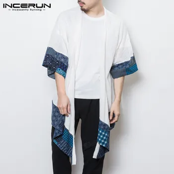 

INCERUN Men Outerwear Cardigan 3/4 Sleeve Vintage Cotton Long Cape Cloak Irregular Hem Chinese Style Kimono Men Trench Coat 5XL