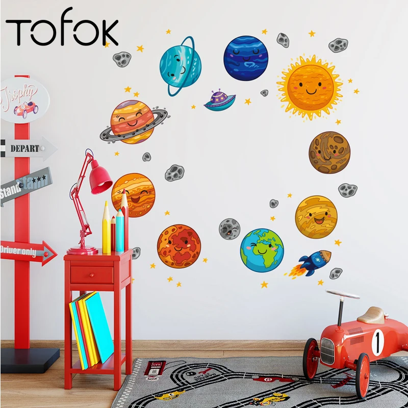 Tofok Наклейка на стену, мультяшная космическая ракета планета галактика НЛО, виниловые наклейки на стену для детей, спальни, детской комнаты, художественная Фреска, домашний декор