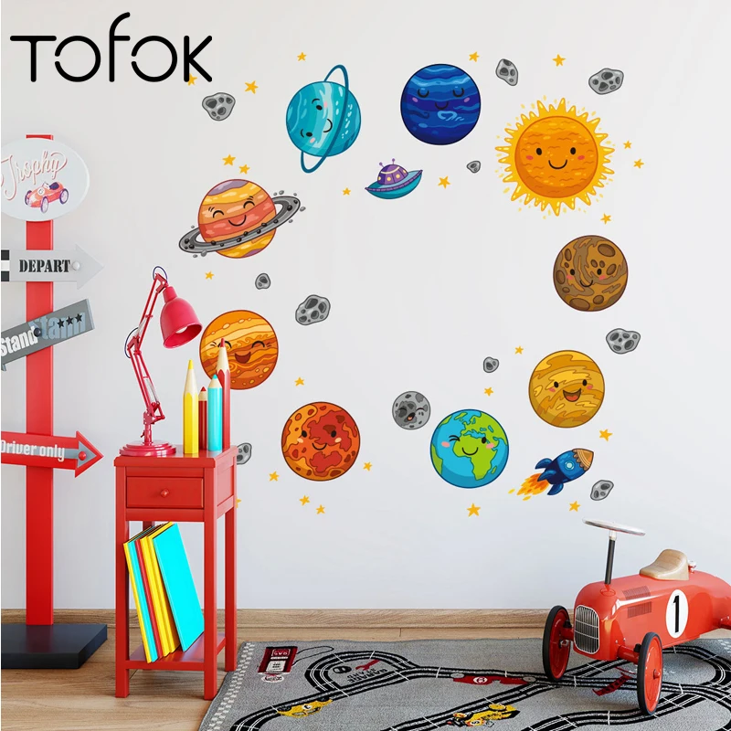 

Tofok Wall Sticker Cartoon Outer Space Rocket Planet Galaxy UFO Wall Vinyl Decals For Kids Bedroom Nursery Art Mural Home Decor