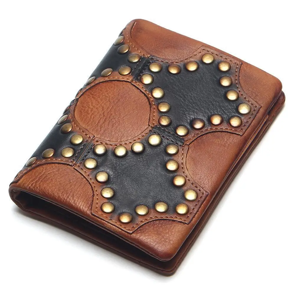 

New Fashion Rivet Women Wallet Genuine Leather Vintage Short Women Purse With Coin Pocket Female Wallet Card Holder Coins