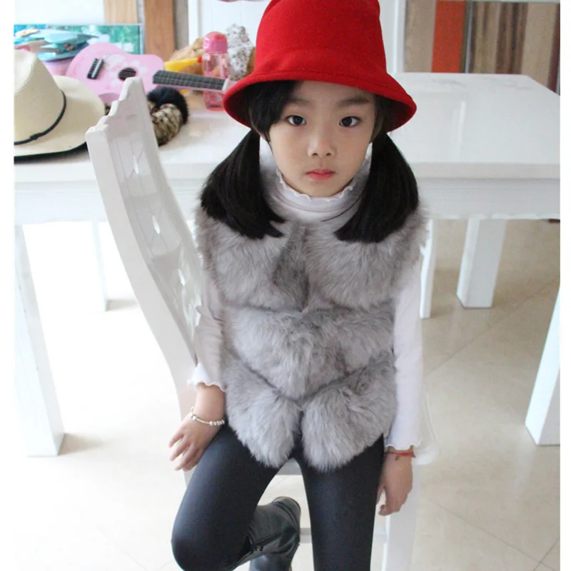 New Children's Real Fox Fur Vest Baby Girls Autumn Winter Warm Short Fox Fur Clothing Vest Kids Solid O-Neck Vests Coat V#16