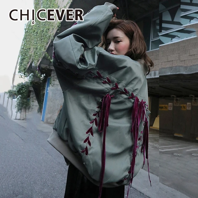 CHICEVER, осенняя Женская куртка, для женщин, в стиле пэчворк, с кисточками, с длинным рукавом, свободная, большой размер, женские пальто, модная повседневная одежда