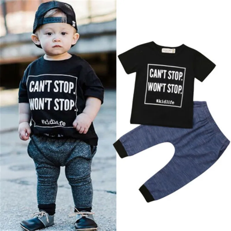 2-6T 2019 Boys Clothes Set Black Short Sleeve Tshirt Letter Print T-Shirts Tops Blue Knit Long Pants Outfits For Kids Girls | Детская