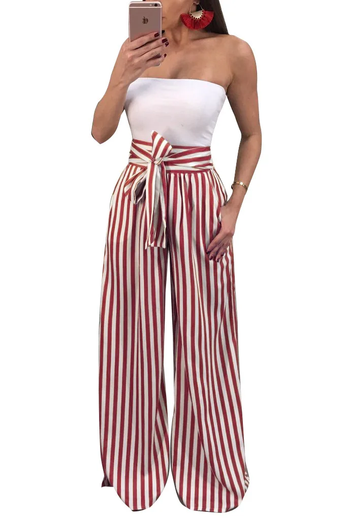 

Casual Women Clothing Long High Waist Striped Wide Leg Pants Sashes Pants