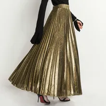 Весенняя модная винтажная Серебристая золотая металлическая однотонная Расклешенная юбка макси с высокой талией, пляжные длинные плиссированные юбки для женщин
