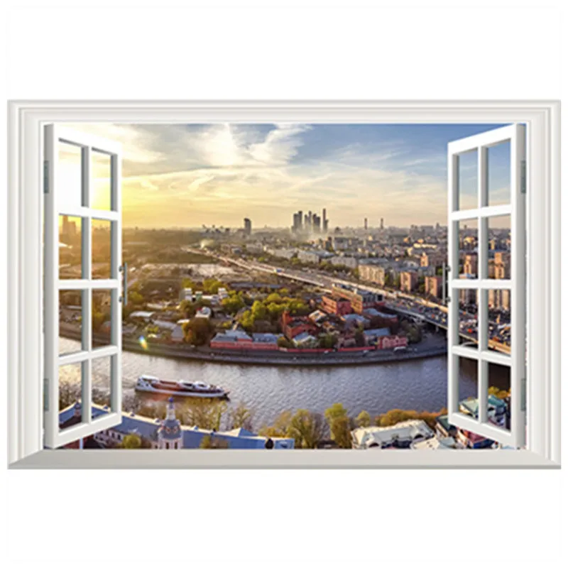 

Outside the fake window city aerial view mural Sunrise scenery 3d vinyl wall stickers home decoration adhesive wallpaper 60*40cm