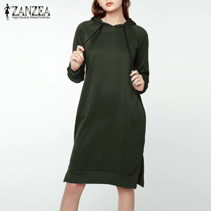 

2019 Plus Size ZANZEA Winter Solid Fleece Warm Sweatshirt Dress Women Casual Hoodies Long Sleeve Basic Long Vestido Pullover