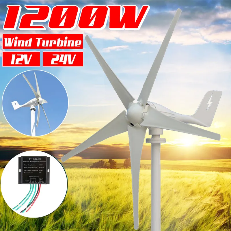 

1200W Wind Turbines+Controller 12V 24 Volt 5 Blade Horizontal Home Wind Generator Power Windmill Energy Turbines Charge