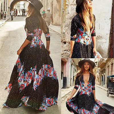 

Casual Women Long Sleeve Boho Maxi Beach Dresses V Neck Floral Print Party Dress Chiffon Summer Beach Dresses Sexy
