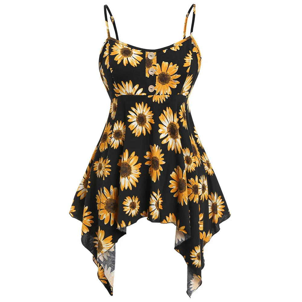 

ROSEGAL Plus Size Floral Printed Asymmetrical Camis Spaghetti Strap Women Summer Casual Tops Big Size Sexy Sleeveless Tops 2019