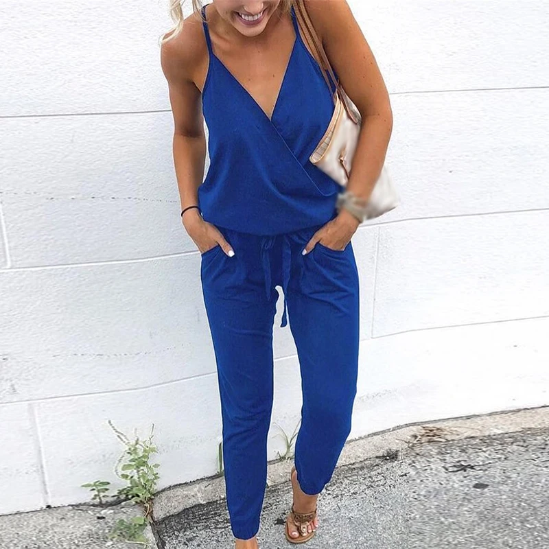 

Women's Deep V-neck Jumpsuit Strappy Bandage Playsuit Romper Pants With Pocket