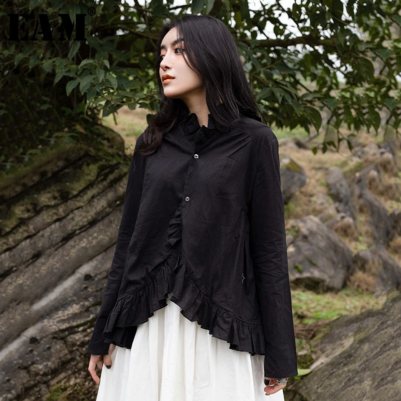 

[EAM] 2019 New Autumn Winter Stand Collar Long Sleeve Black Ruffles Back Bandage Irregular Shirt Women Blouse Fashion Tide JR479