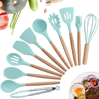 

11pcs Silicone Kitchen Utensils Set Nonstick Cooking Baking Tools with Bamboo Wood Handles Cookware Kitchenware for Pots Pans