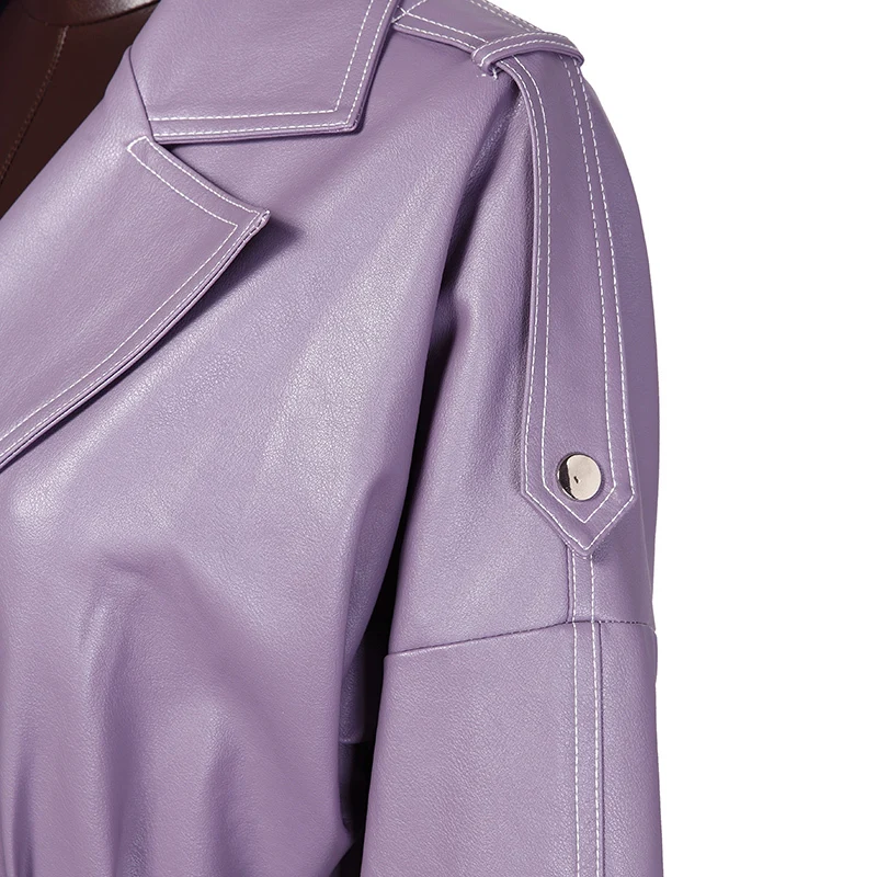 [EAM] 2019 Spring Woman Purple Color Long Sleeve Turn-down Collar Adjustable Waist Long High Waist PU Leather Caot LD856