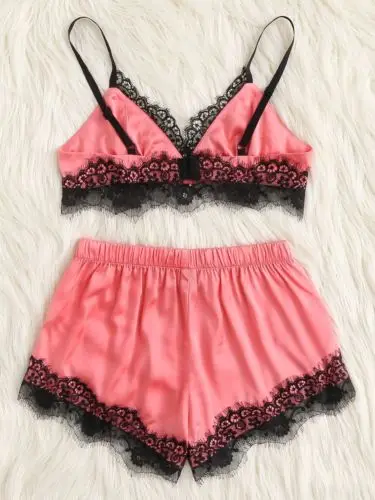 2 шт. Женская Сексуальная атласная пижама с кружевом нижнее белье Babydoll ночная