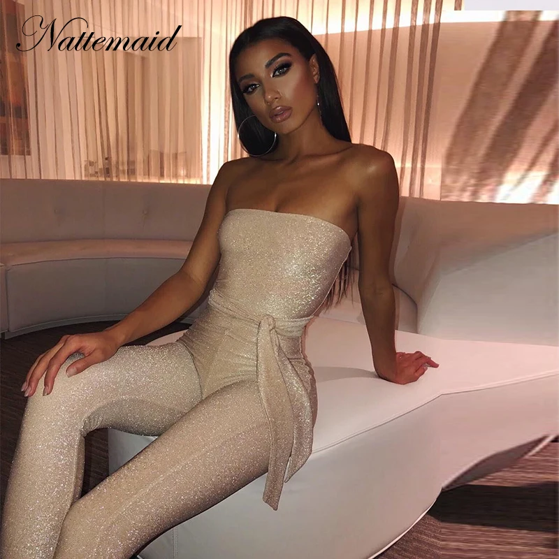 

NATTEMAID Clubwear Sleeveless Strapless Sexy Jumpsuit Casual Zipper Bow Glitter Bodycon Rompers Womens Jumpsuit Summer Jumpsuit