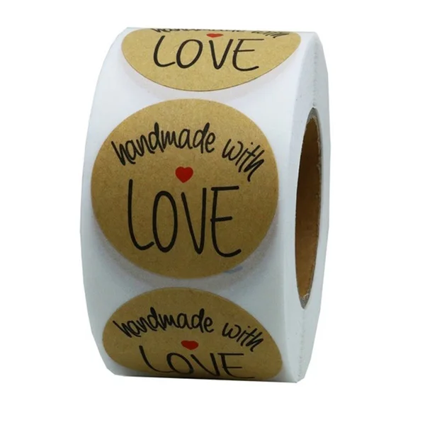 1 Inch Round Natural Kraft Handmade With Love Stickers Black Font Total 500 Adhesive Labels Per Roll (1 Roll) | Канцтовары для