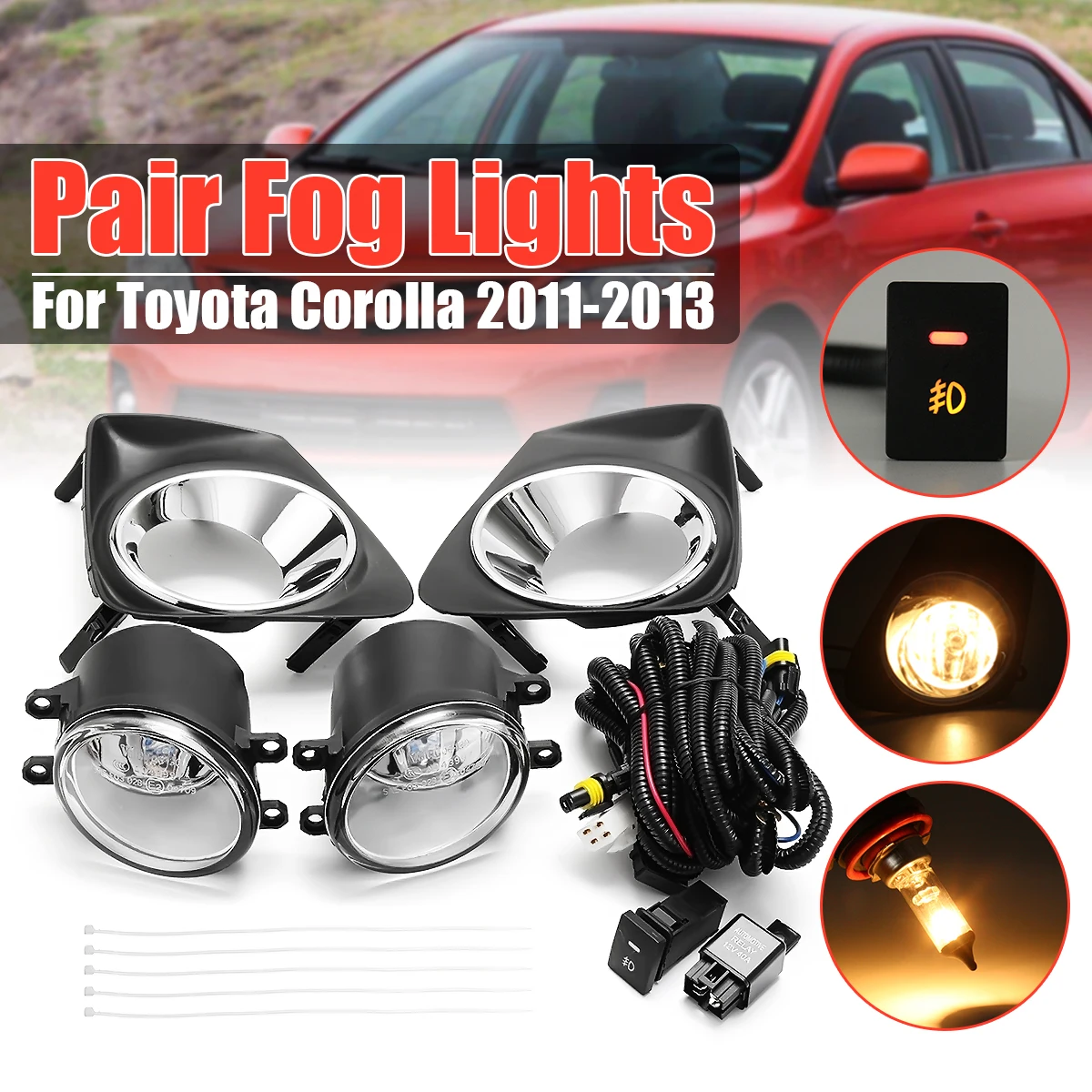 

1Pair Car Fog Lamp+Frame /W H11 Light Bulb Switch Wire Harness For Toyota/Corolla 2011-2013