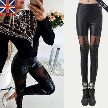 

New Style Women Ladies High Waiste Lace Leather Wet Look Leggings Pants Trousers Plus Size