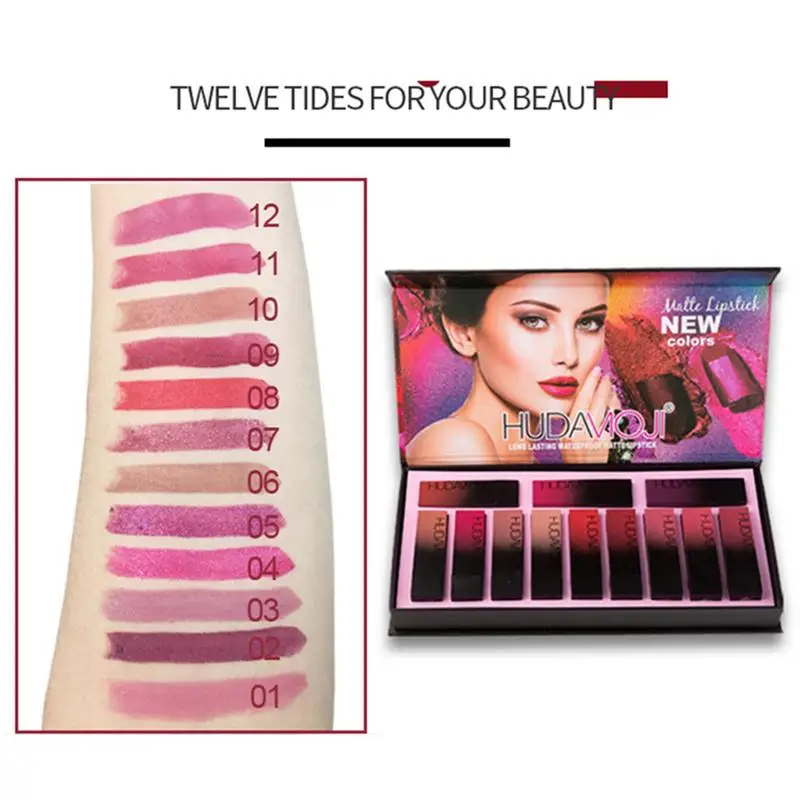 12PCS Lipstick Multicolor Not Easy To Discolor Non-stick Cup Lipstick Matte Smooth Moisturizing Lip Gloss Waterproof Sexy