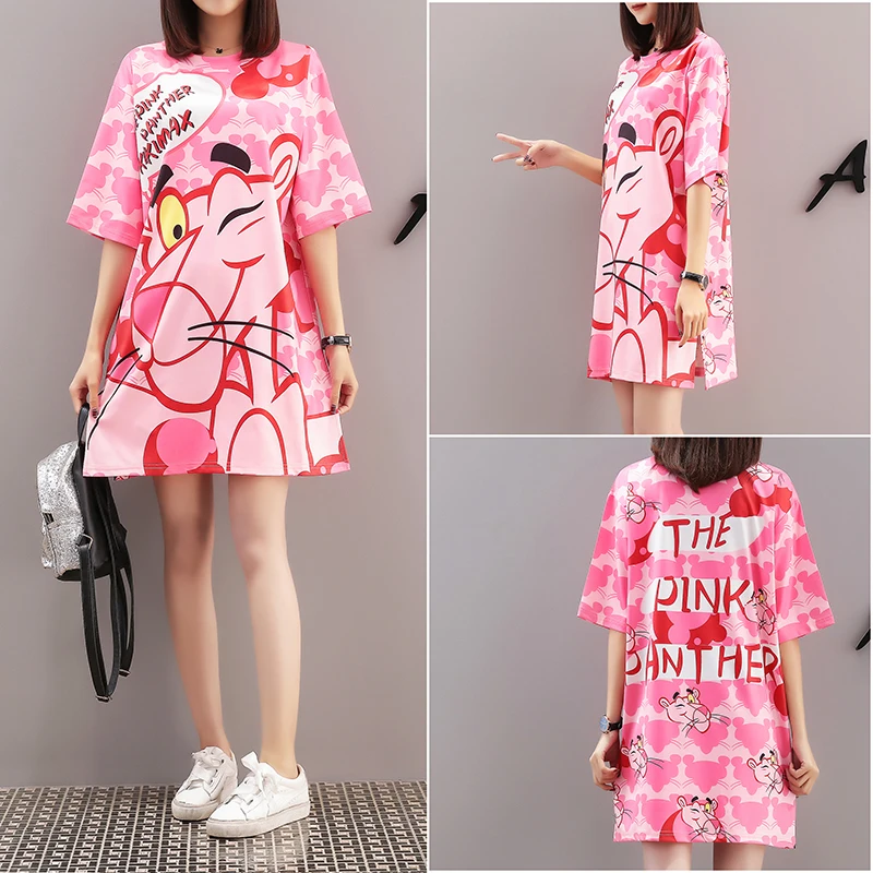 

8 Colors 2019 New Fashion Women Dresseurope Spring And Summer Popular Pink Panther Printing Short Sleeve Long In Loose Character