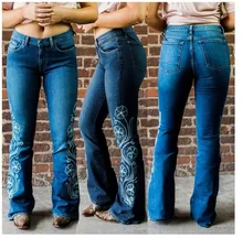 Embroidery Boot Cut Mom Jeans For Women Floral Wide Leg Denim Trousers Woman Long Skinny Flared Jean Pants Vintage Plus Size 3XL black floral print flared long pants