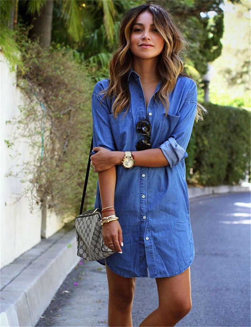 2019 Women Summer Jean Shirt Dress Denim Long Sleeve Loosen Buttons Mini Dresses Tunic