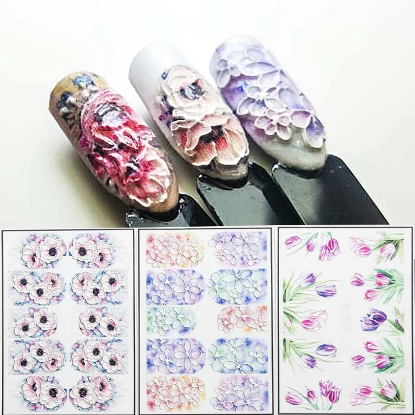 5 Flower Patterns 3D Acrylic Engraved Flower Nail Sticker Embossed Flower Nail Water Slide Decals N