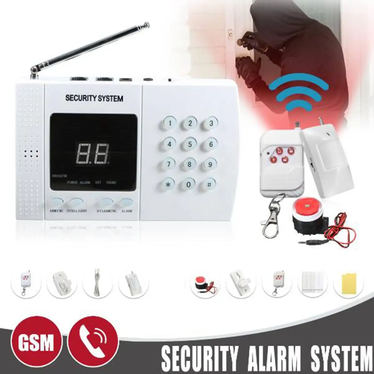 

500ft Zones Wireless PIR Home Security Burglar Alarm System Auto Dialing Dialer Prevent Theft Detect Gas Leakage Wall Mount