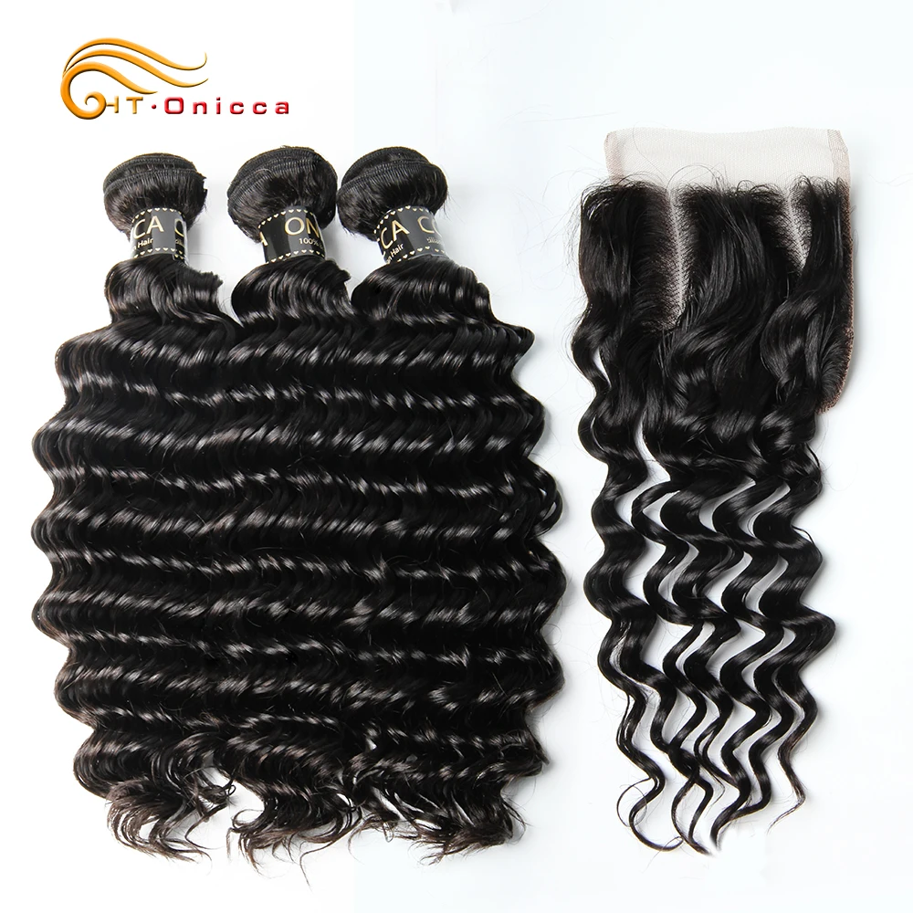 

Brazilian Deep Wave Bundles with Closure Remy Hair Bundles with Closure 4*4 Lace Closure with Bundles Human Hair Extensions