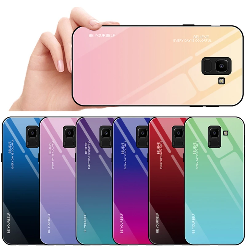 Tempered Glass Hard Phone Case For Samsung Galaxy J4 J6 Plus J8 2018 Gradient TPU Cover Glossy | Мобильные телефоны и