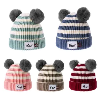 

Stripe Winter Cap Letters Patch Soft Warm Beanies Skullies Double Pompon