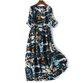 

Ink And Color Silk Dress 2019 Summer New Style Women Half Sleeve Loose-Fit Long Printed Put on a Large A-line Dress