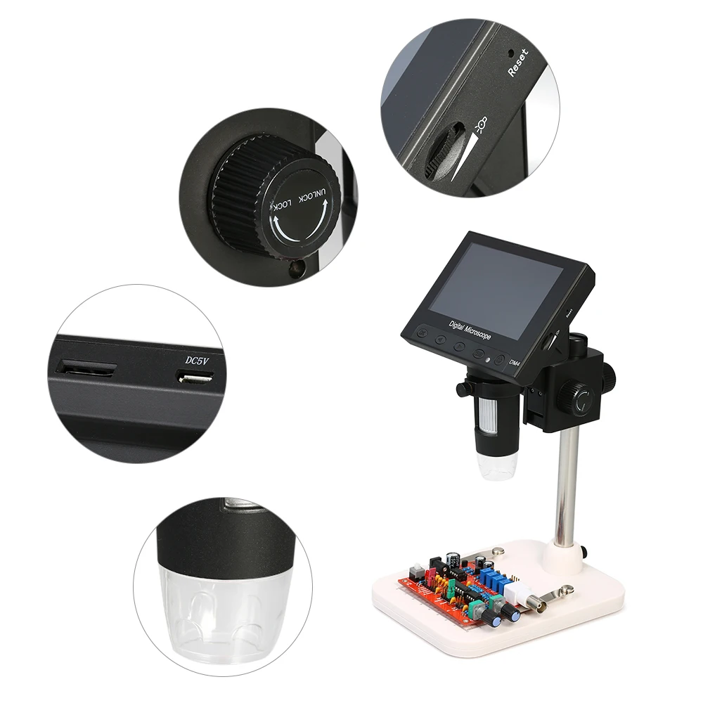 Usb цифровой электронный микроскоп 1000x2,0 Мп Dm4 4,3 Inch ЖК Дисплей Vga микроскоп стенд с 8 светодиодными лампами для монтажа на печатной
