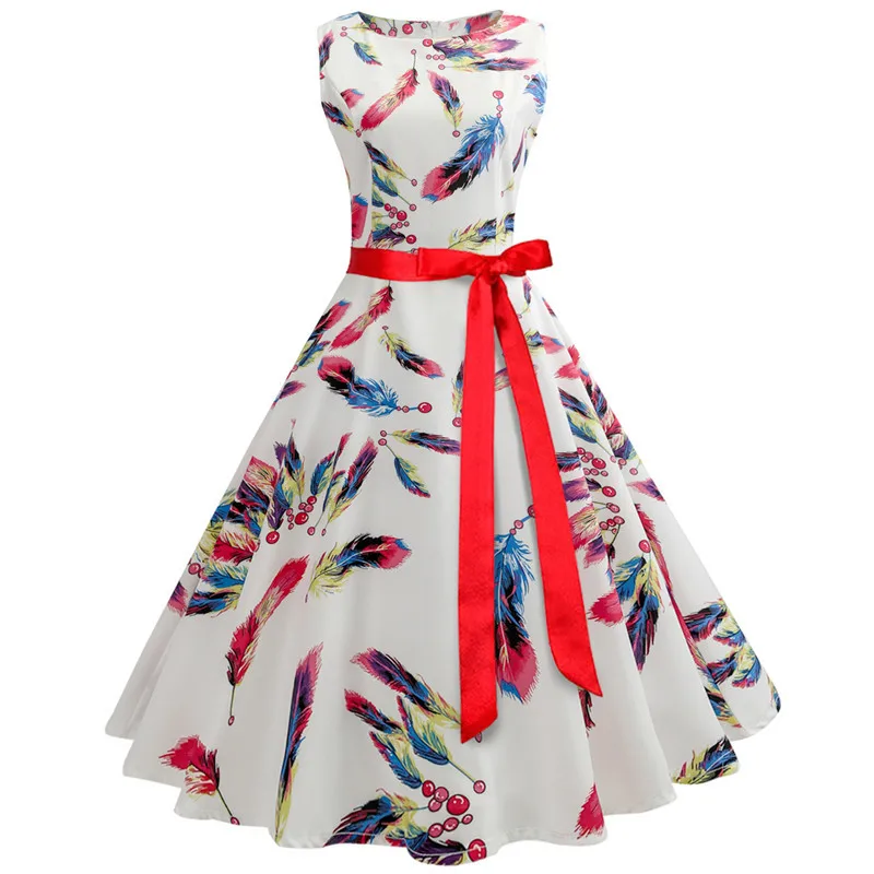 

Plus Size Women Retro Dress 50s 60s Vintage Rockabilly Swing Feminino Vestidos Flamingo Feather Print 2018 Party Dress