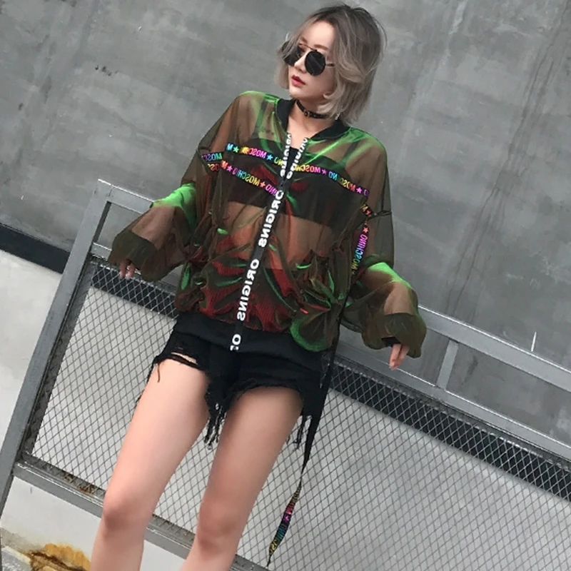 #3169 Sunscreen Transparent Jacket Women 2019 Summer Bat Sleeve Lurex Short Coat Female Ribbons Streetwear Hip Hop Windbreaker